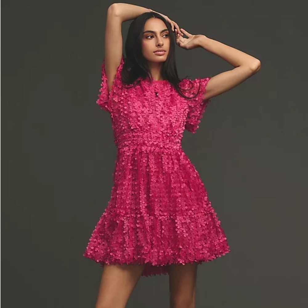 Anthropologie Pink Somerset Floral Appliqué Mini Dress